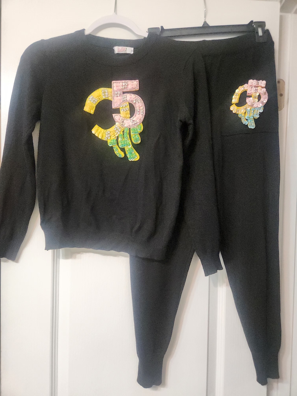 Women's  Black Two-Piece Set with Colorful '5' Appliqué